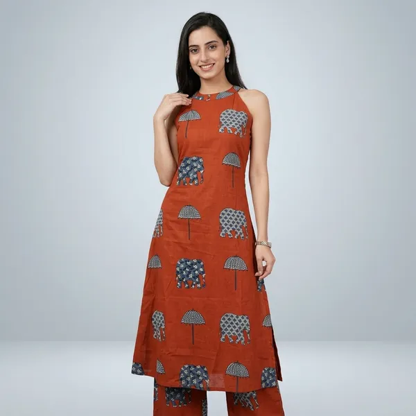 Rust_Orange_Rayon_Geometric_Print_Sleeveless_Kurta_Palazzo_Set_For_Women