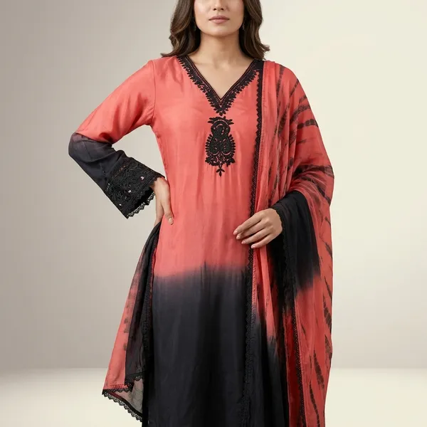 Coral_Black_Ombre_Silk_Embroidered_Kurta_Set_With_Dupatta_For_Women