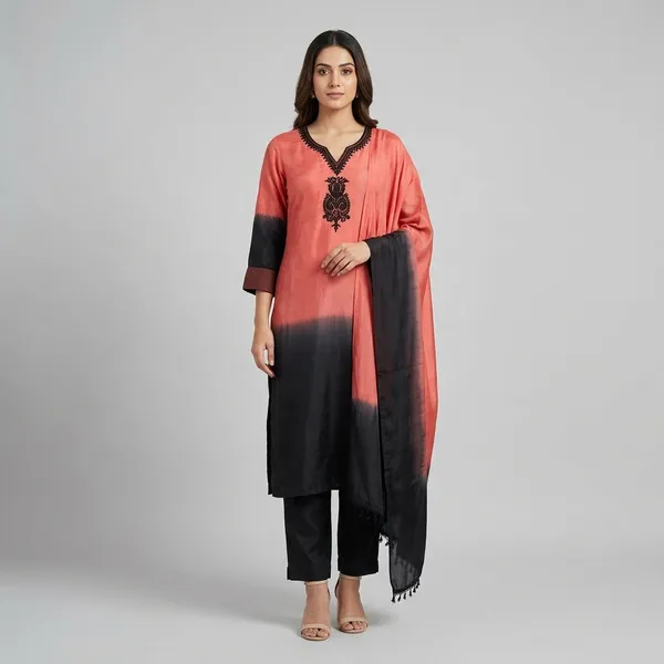 Coral_Black_Ombre_Silk_Embroidered_Kurta_Set_With_Dupatta_For_Women