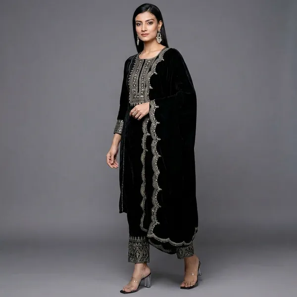 Black_Velvet_Embroidered_Kurta_Set_With_Dupatta_For_Women