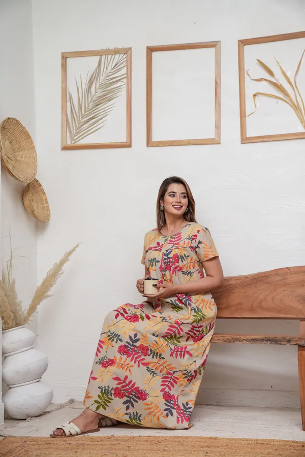 Neem_Leaves_Beige_Discharge-Print_Pure_Cotton_NightGown