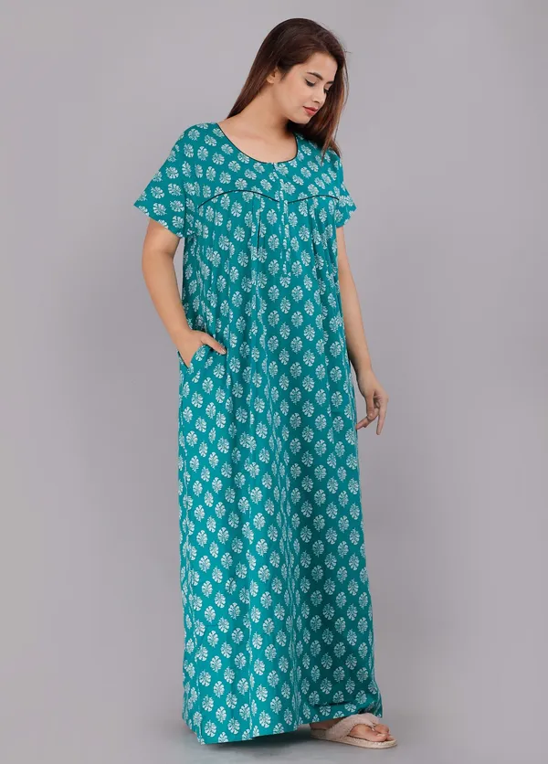 Gulmohar-Sea_Green_Procian-Print_Pure_Cotton_NightGown
