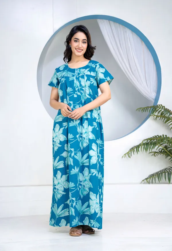Water-Lily-Teal_Discharge-Print_Pure_Cotton_NightGown