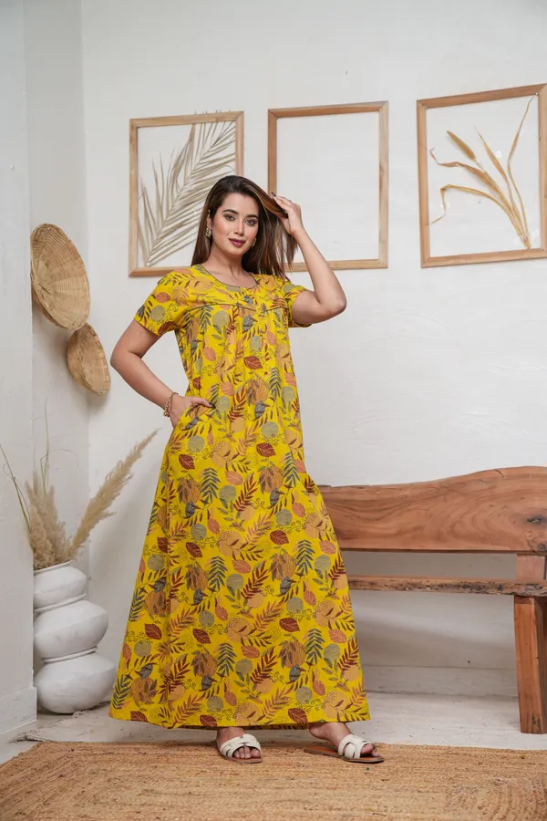 Linning_Leaves_Yellow_Discharge-Print_Pure_Cotton_NightGown