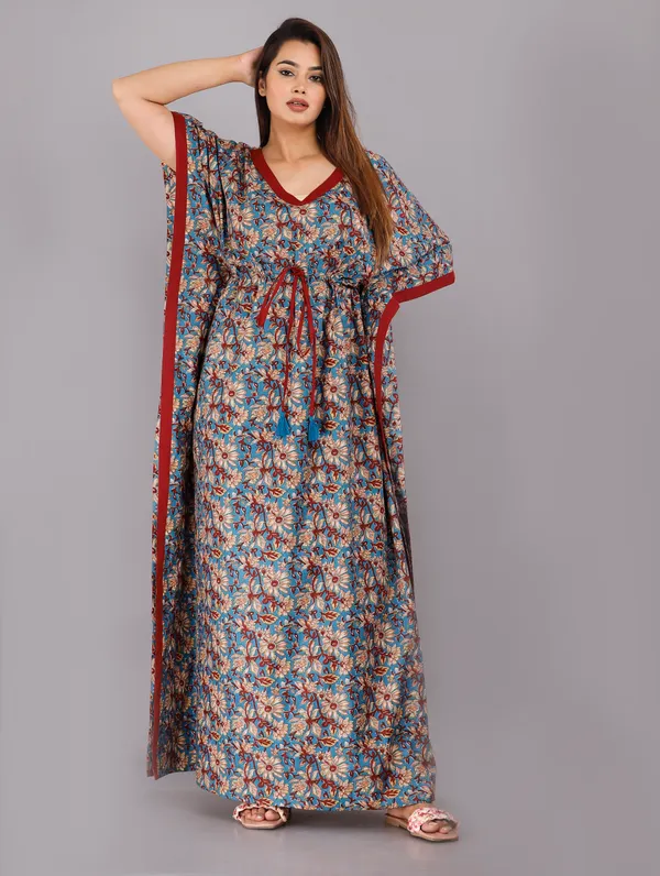 Kalamkari_Flower-Blue_LoungeWear_Pure_Cotton_Kaftan