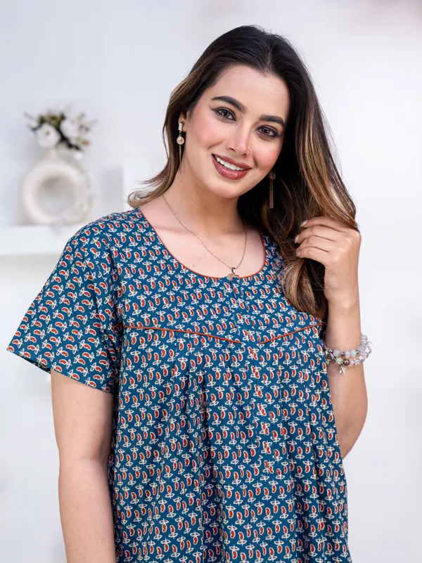 Mango-Buti-Teal_Procian-Print_Pure_Cotton_NightGown