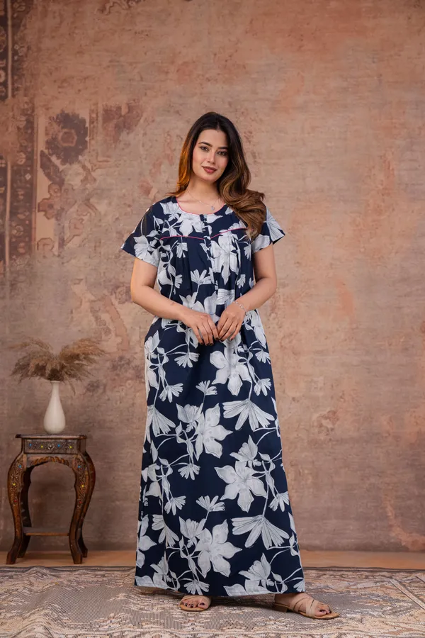 Water-Lily-Navy-Blue_Discharge-Print_Pure_Cotton_NightGown