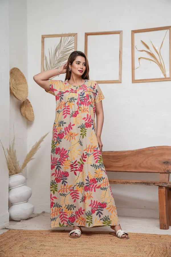 Neem_Leaves_Beige_Discharge-Print_Pure_Cotton_NightGown