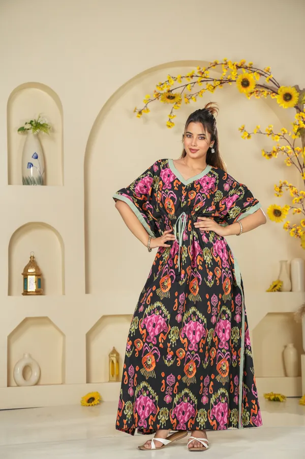 Ikkat_Black_LoungeWear_Pure_Cotton_Kaftan