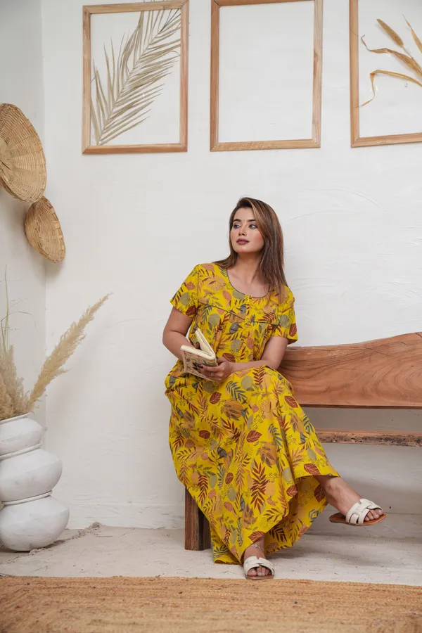 Linning_Leaves_Yellow_Discharge-Print_Pure_Cotton_NightGown
