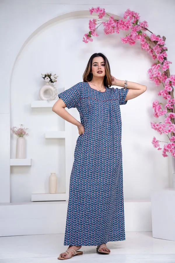Drop-Buti-Blue_Procian-Print_Pure_Cotton_NightGown