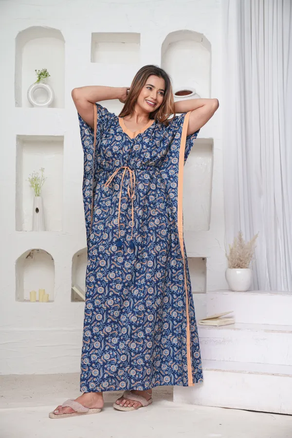 Orange_Flower-Blue_LoungeWear_Pure_Cotton_Kaftan