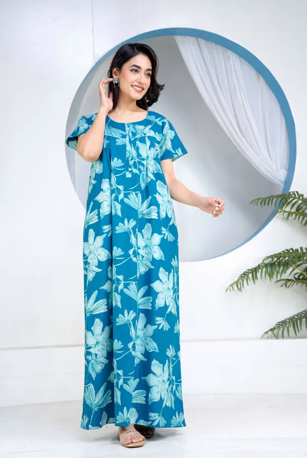Water-Lily-Teal_Discharge-Print_Pure_Cotton_NightGown