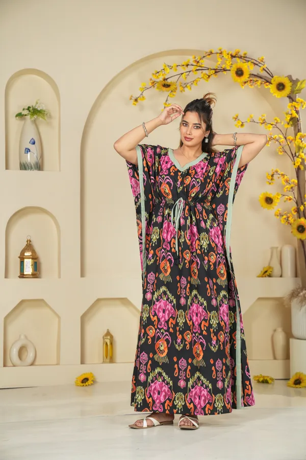 Ikkat_Black_LoungeWear_Pure_Cotton_Kaftan