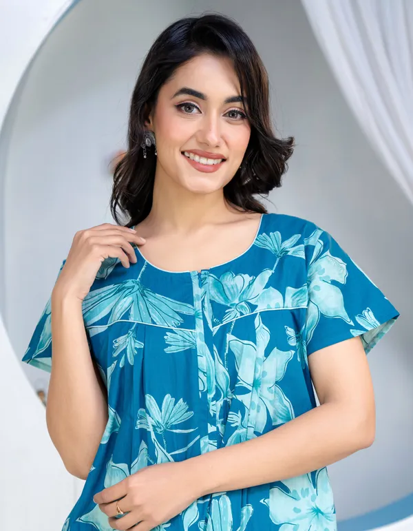 Water-Lily-Teal_Discharge-Print_Pure_Cotton_NightGown