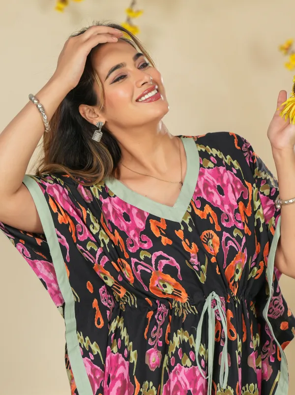 Ikkat_Black_LoungeWear_Pure_Cotton_Kaftan