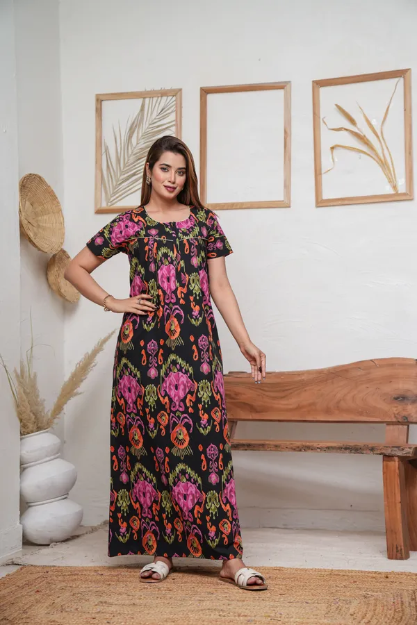 Ikkat_Black_Discharge-Print_Pure_Cotton_NightGown