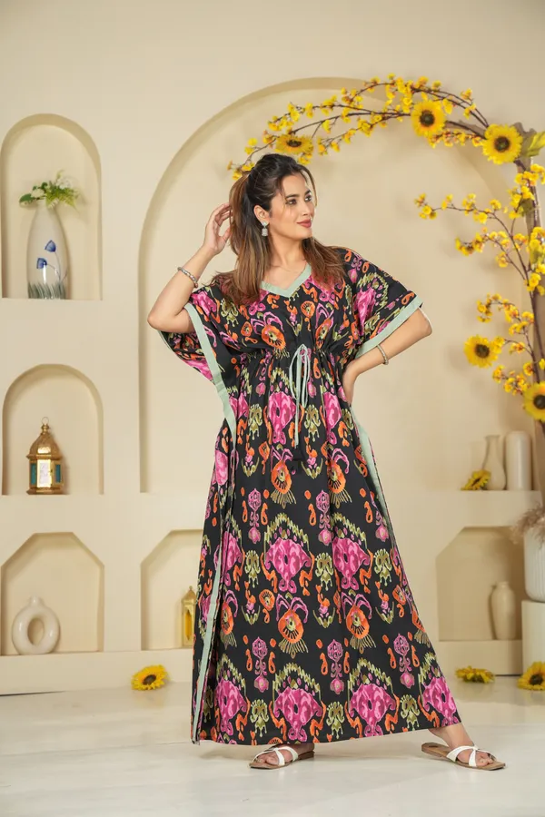 Ikkat_Black_LoungeWear_Pure_Cotton_Kaftan
