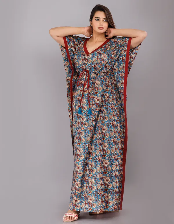 Kalamkari_Flower-Blue_LoungeWear_Pure_Cotton_Kaftan