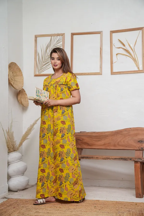 Linning_Leaves_Yellow_Discharge-Print_Pure_Cotton_NightGown