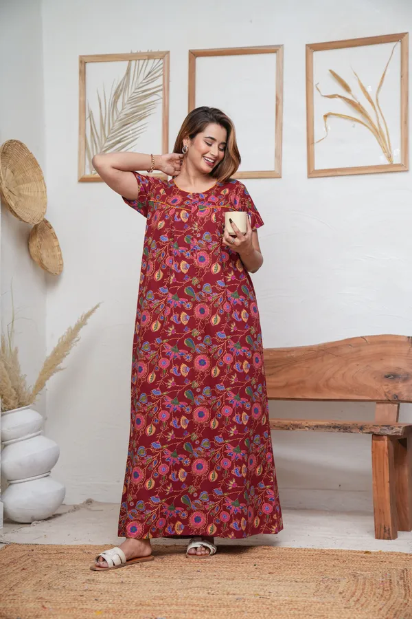 Paisely_Flower_Maroon_Discharge-Print_Pure_Cotton_NightGown