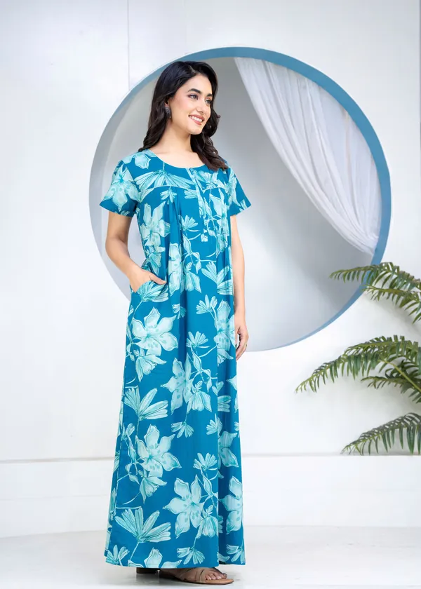 Water-Lily-Teal_Discharge-Print_Pure_Cotton_NightGown