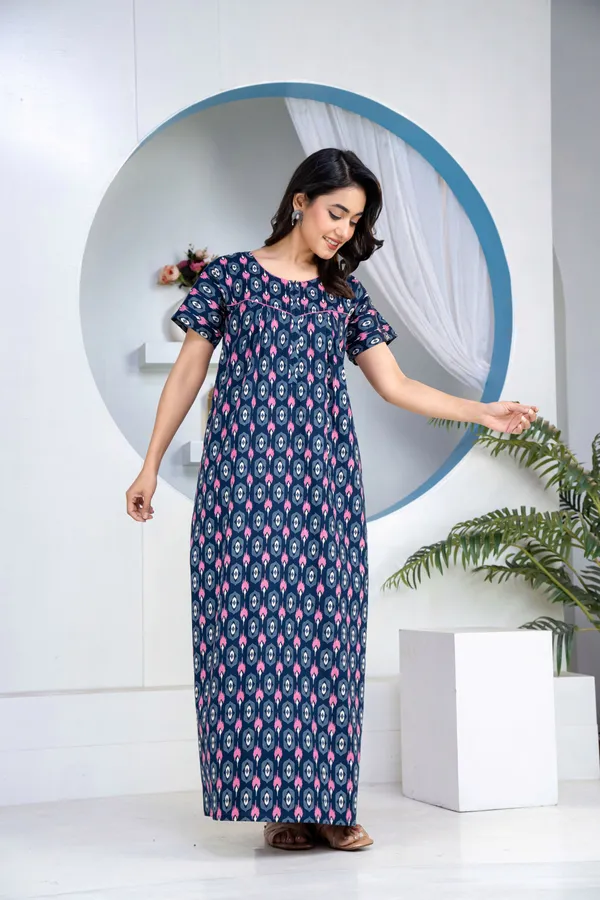 Ikkat-Diamond-Navy-Blue_Discharge-Print_Pure_Cotton_NightGown