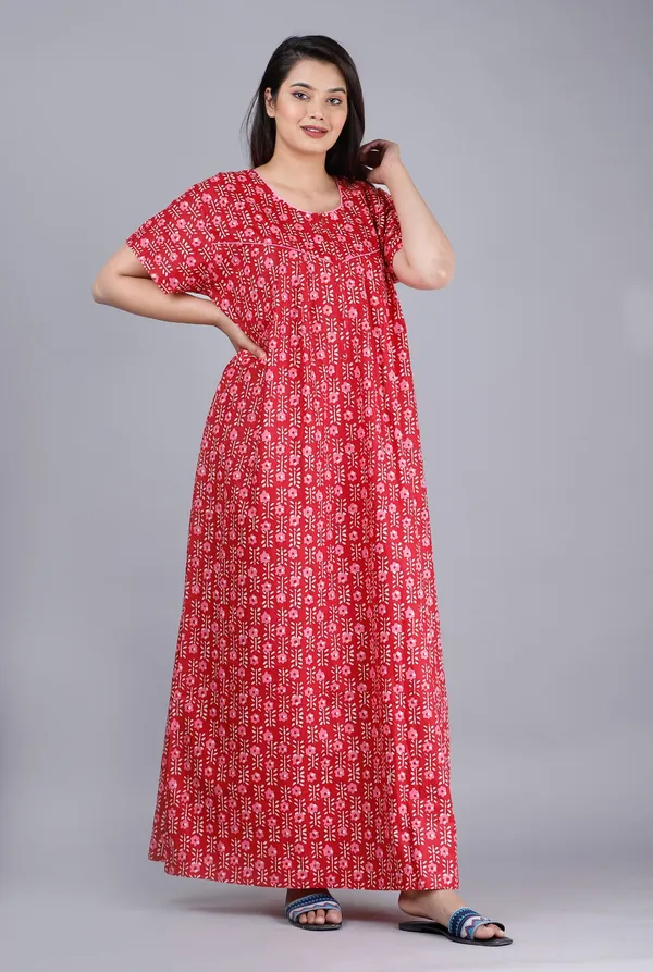 FLower-Red_Procian-Print_Pure_Cotton_NightGown