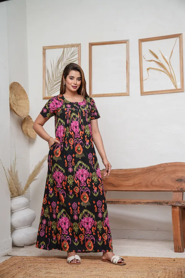 Ikkat_Black_Discharge-Print_Pure_Cotton_NightGown