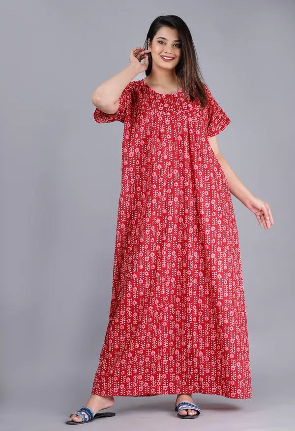FLower-Red_Procian-Print_Pure_Cotton_NightGown
