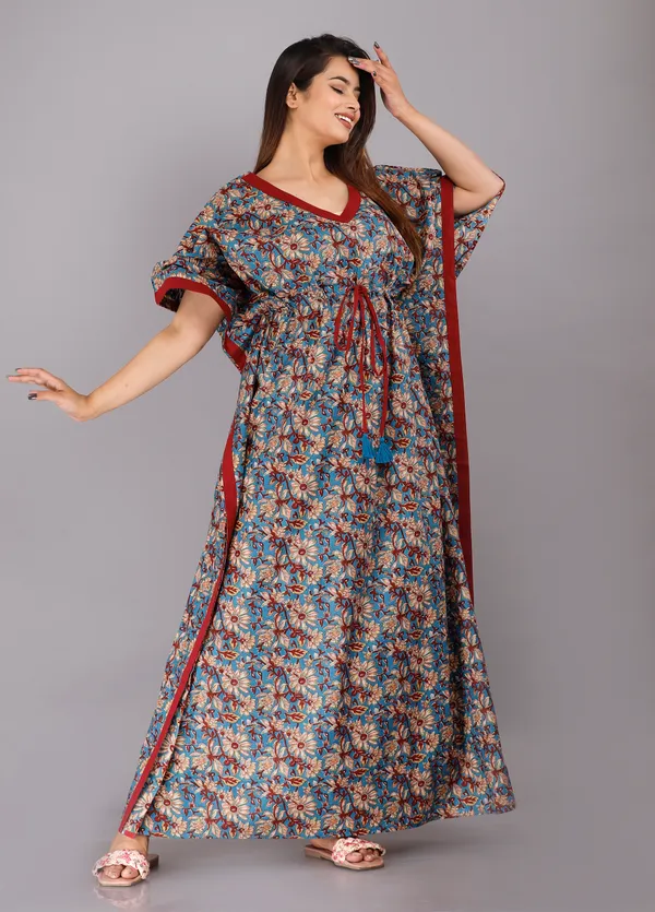 Kalamkari_Flower-Blue_LoungeWear_Pure_Cotton_Kaftan