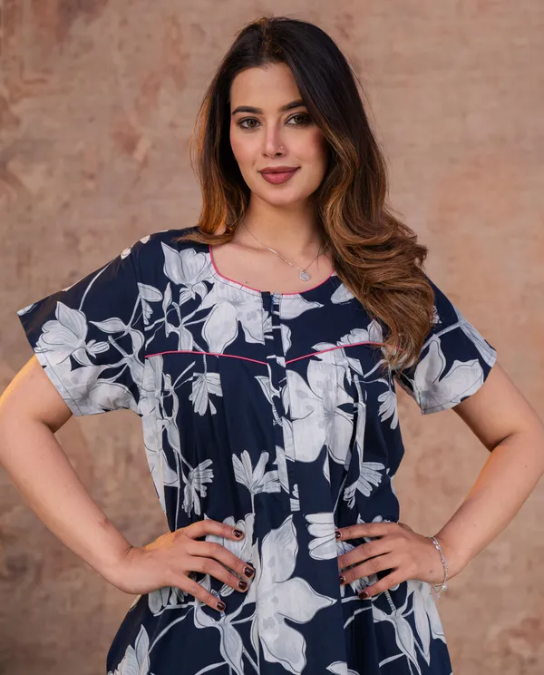 Water-Lily-Navy-Blue_Discharge-Print_Pure_Cotton_NightGown