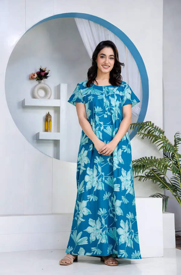 Water-Lily-Teal_Discharge-Print_Pure_Cotton_NightGown