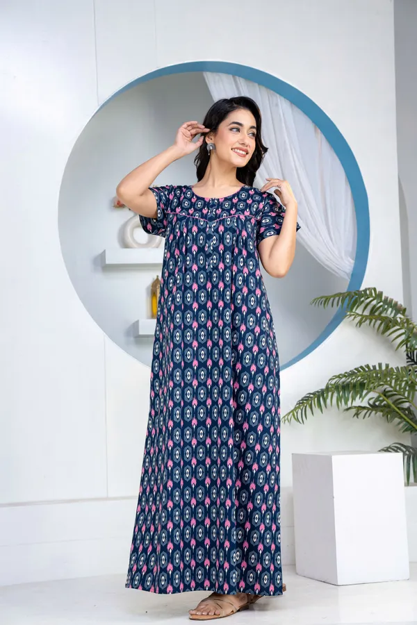 Ikkat-Diamond-Navy-Blue_Discharge-Print_Pure_Cotton_NightGown