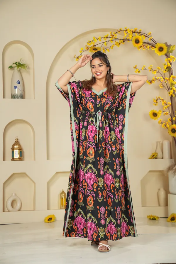 Ikkat_Black_LoungeWear_Pure_Cotton_Kaftan