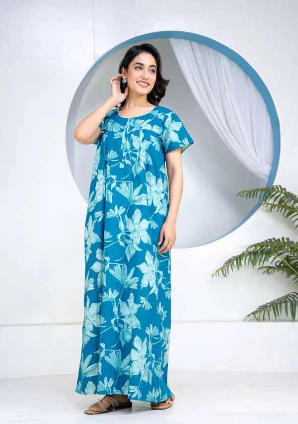 Water-Lily-Teal_Discharge-Print_Pure_Cotton_NightGown