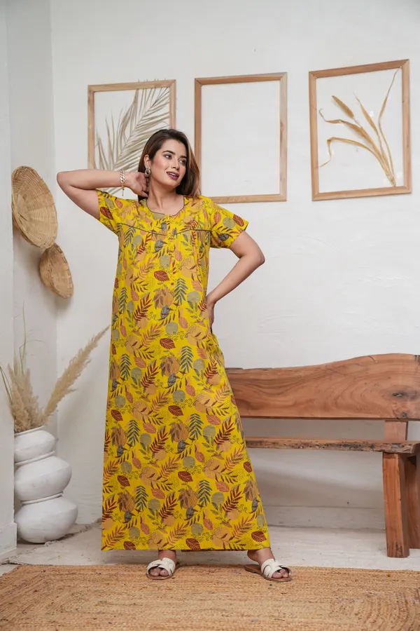 Linning_Leaves_Yellow_Discharge-Print_Pure_Cotton_NightGown