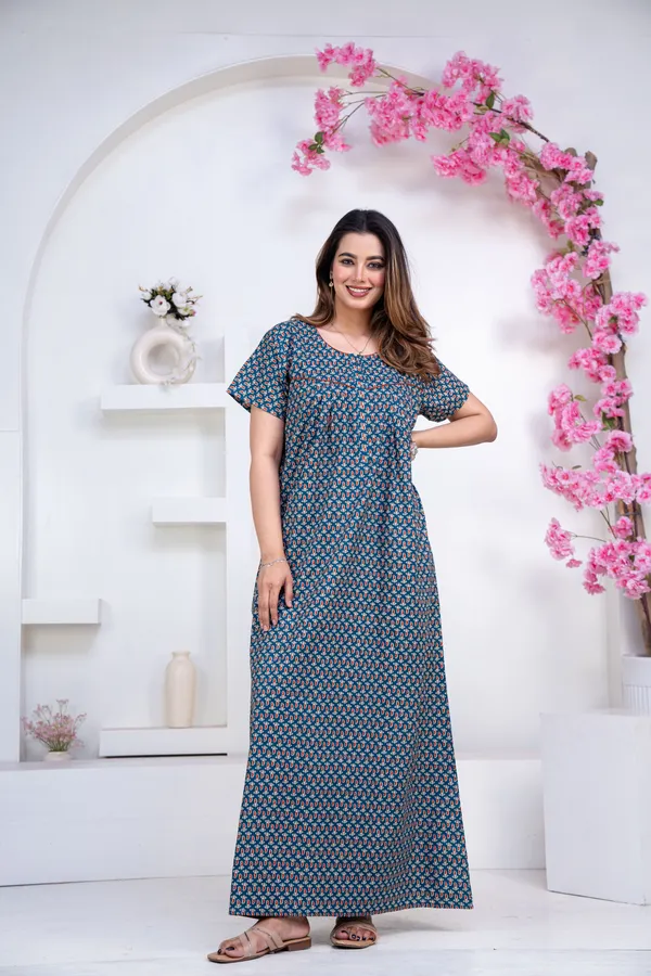 Mango-Buti-Teal_Procian-Print_Pure_Cotton_NightGown