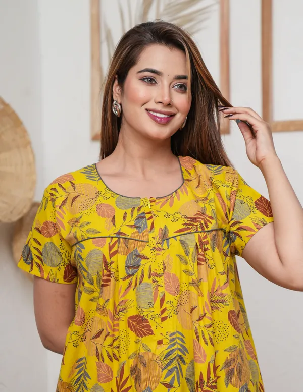 Linning_Leaves_Yellow_Discharge-Print_Pure_Cotton_NightGown