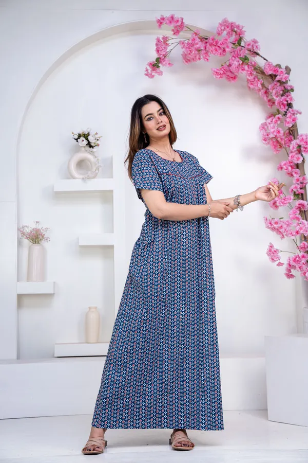 Drop-Buti-Blue_Procian-Print_Pure_Cotton_NightGown