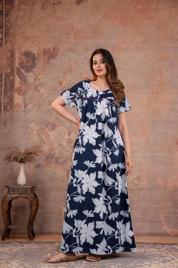 Water-Lily-Navy-Blue_Discharge-Print_Pure_Cotton_NightGown