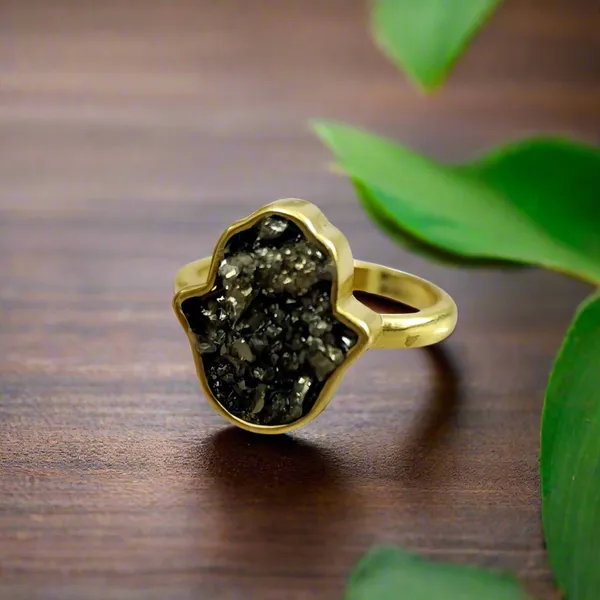 Pyrite_Ring_With_Hamsa_Hand_Charm_Adjustable_Unisex