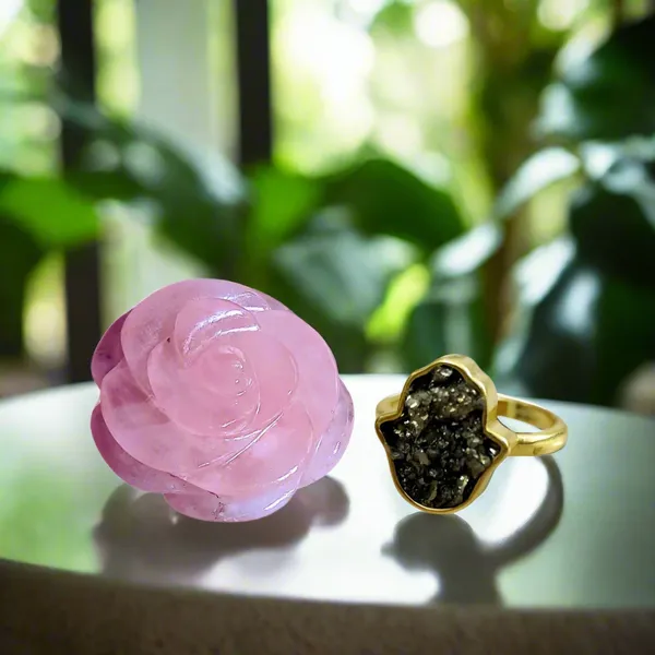 Rose_Quartz_Crystal_Flower_Pyrite_Hamsa_Ring_Protective_Jewelry_Healing_Decor_Duo