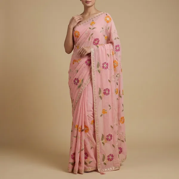 Peach_Organza_Gotta_Work_With_Hand_Brush_Print_Saree_For_Women