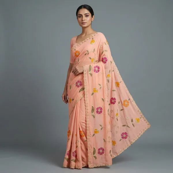 Peach_Organza_Gotta_Work_With_Hand_Brush_Print_Saree_For_Women
