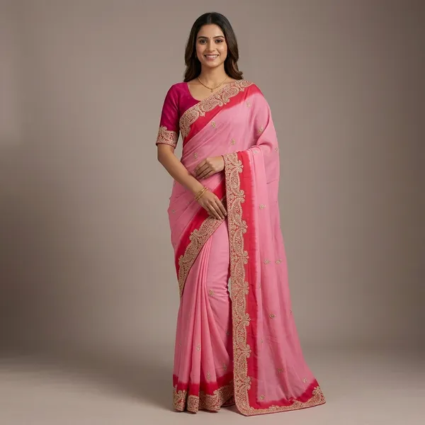 Pink_And_Red_Chinon_Zari_Work_With_Diamonds_Saree_For_Women
