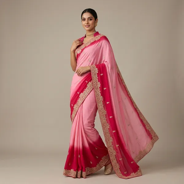 Pink_And_Red_Chinon_Zari_Work_With_Diamonds_Saree_For_Women