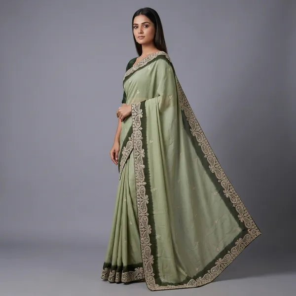 Dark_Green_And_Light_Green_Chinon_Zari_Work_With_Diamonds_Saree_For_Women