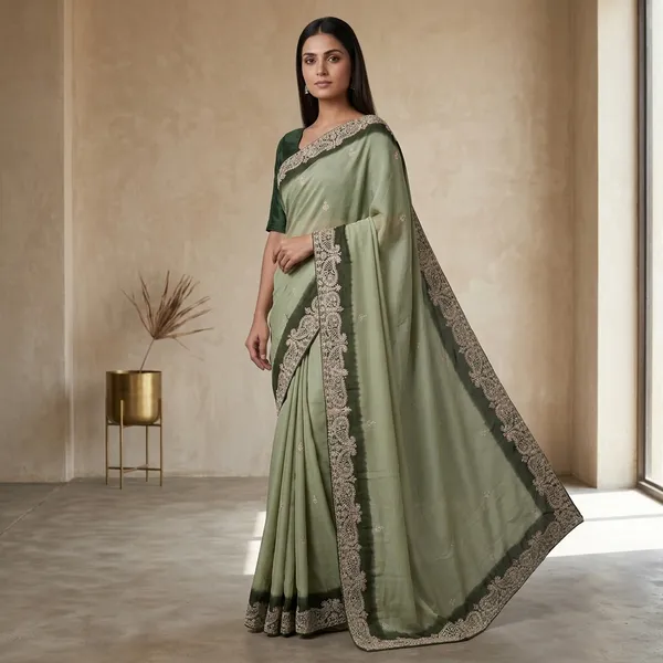 Dark_Green_And_Light_Green_Chinon_Zari_Work_With_Diamonds_Saree_For_Women