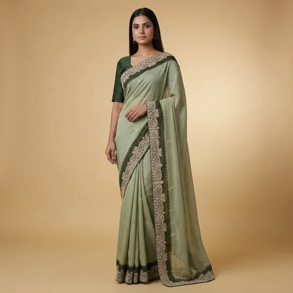 Dark_Green_And_Light_Green_Chinon_Zari_Work_With_Diamonds_Saree_For_Women